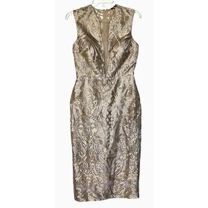 Alberto Makali Champagne Gold Embroidered Lace Mesh Party Cocktail Dress